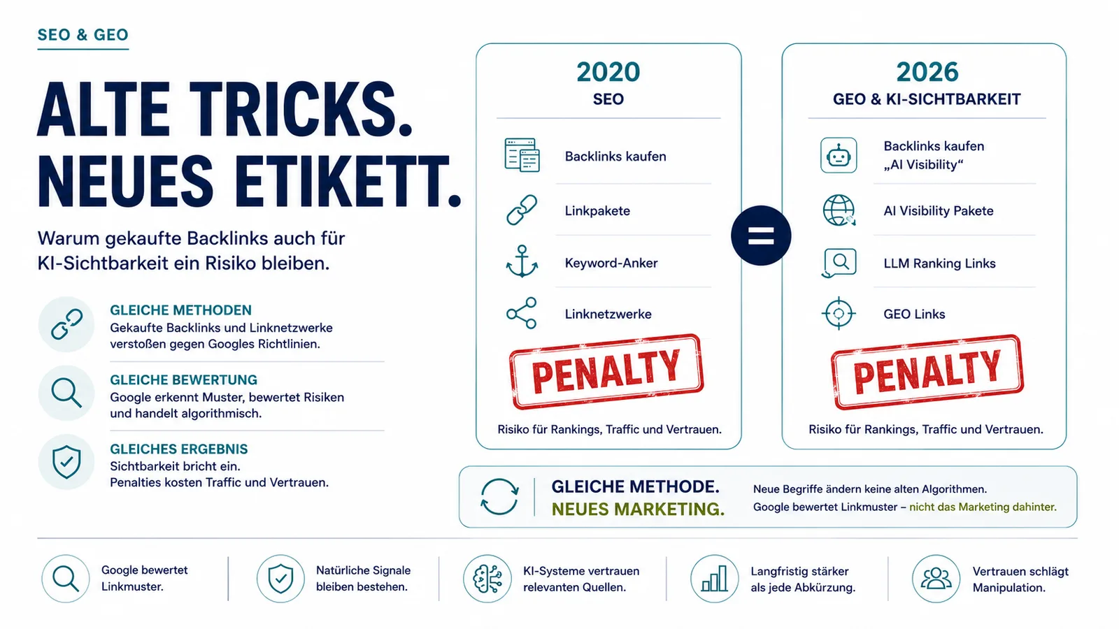 Infografik zum Backlink-Kauf für KI-Sichtbarkeit: SEO-Linkpakete aus dem Jahr 2020 und neue GEO-Angebote aus 2026 führen trotz anderem Marketing zum gleichen Penalty-Risiko.
