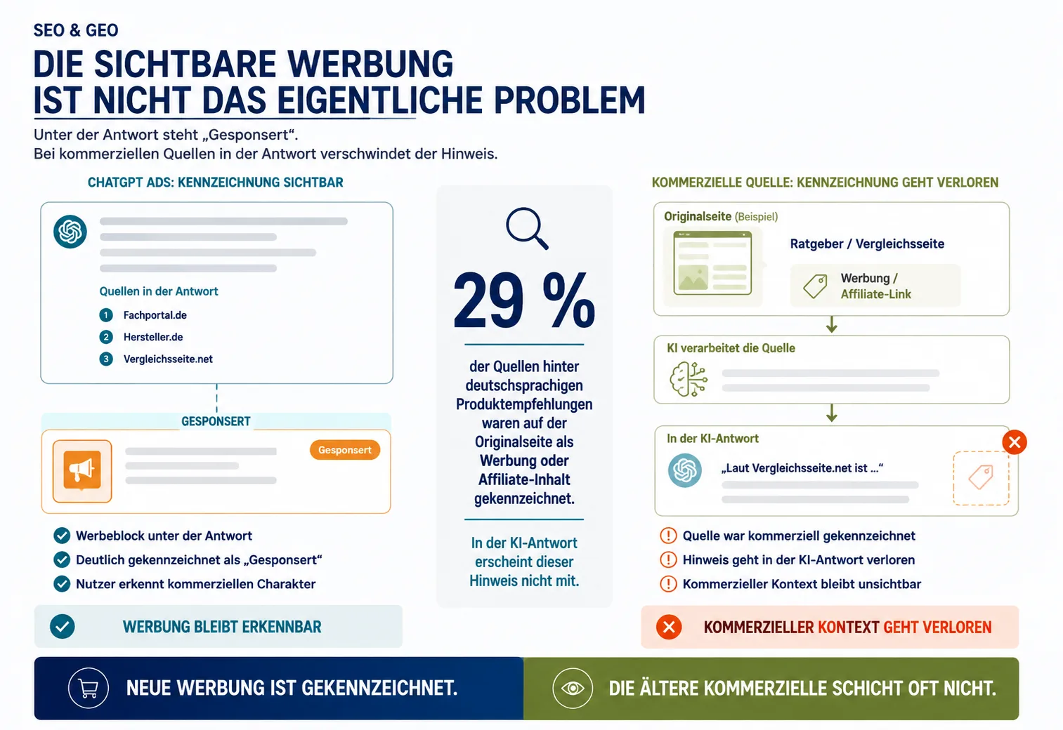 Die sichtbare Werbung ist nicht das eigentliche Problem Infografik zu Werbung in KI-Antworten: ChatGPT Ads werden sichtbar als gesponsert gekennzeichnet, während bei kommerziellen oder Affiliate-Quellen der Werbehinweis in der KI-Antwort verloren gehen kann.