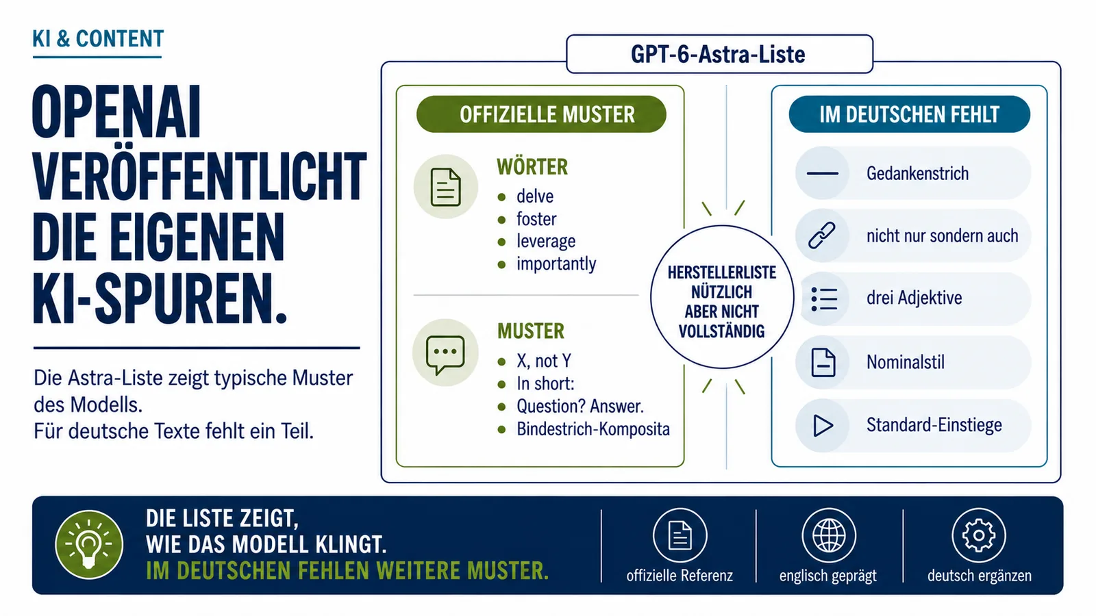 Infografik zu GPT-6 Astra: OpenAI veröffentlicht typische KI-Spuren des eigenen Modells. Links stehen offizielle englische Muster wie „delve“, „foster“, „X, not Y“ und „In short:“, rechts deutsche Muster, die in der Liste fehlen, etwa Gedankenstrich, „nicht nur, sondern auch“, drei Adjektive, Nominalstil und Standard-Einstiege.