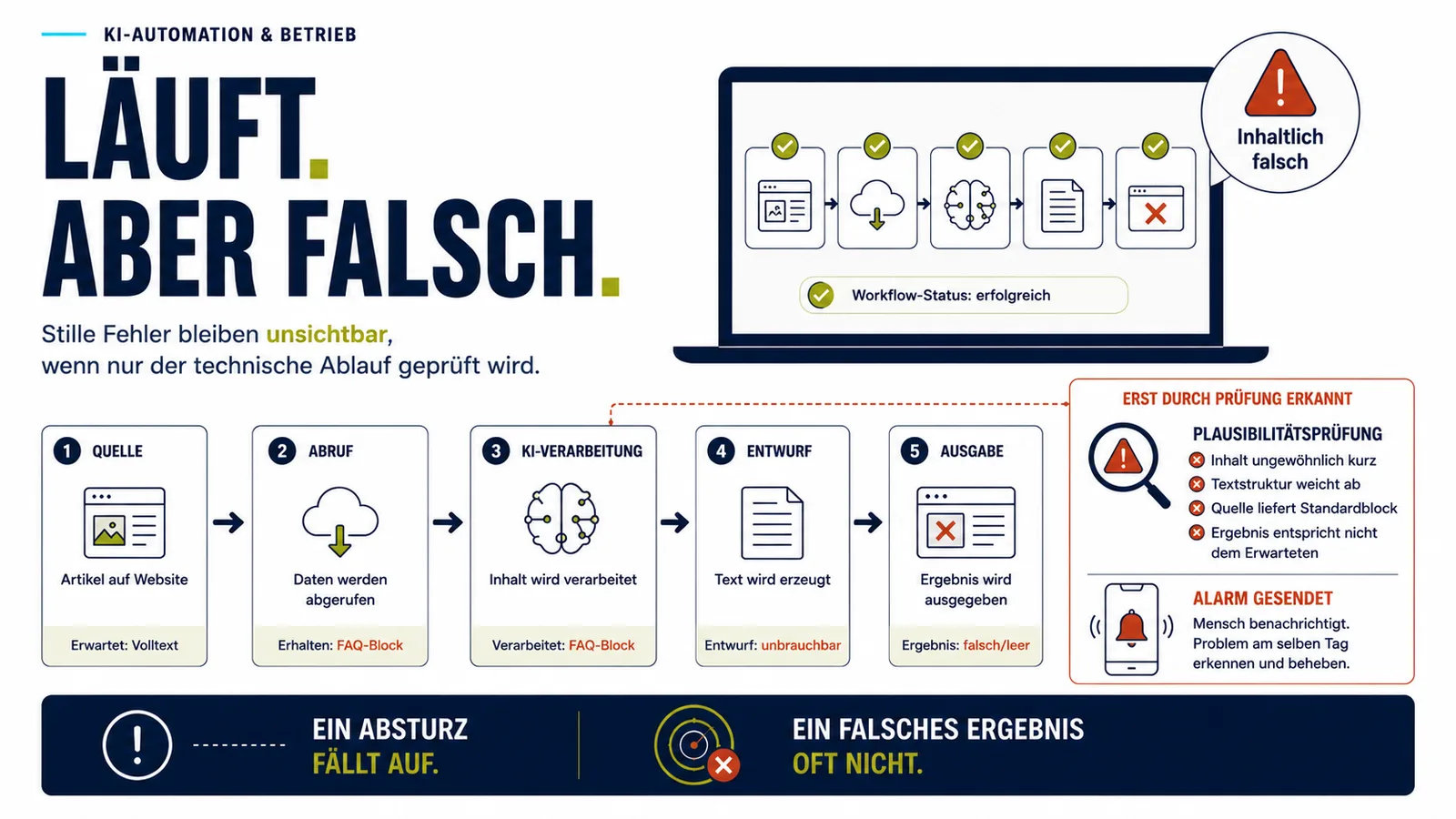 Infografik zu stillen Fehlern in KI-Automationen: Der Workflow läuft technisch erfolgreich durch, liefert aber falsche oder leere Ergebnisse, die erst durch Plausibilitätsprüfung und Alarmierung erkannt werden.