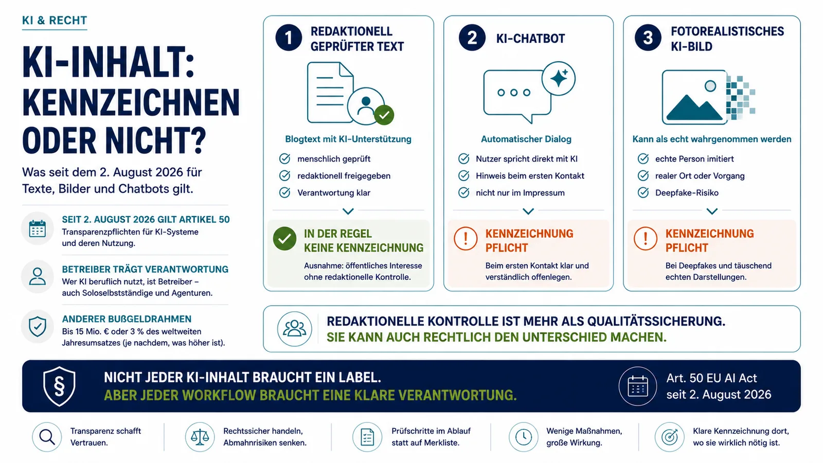 Infografik zur KI-Kennzeichnungspflicht nach Artikel 50 des EU AI Acts. Sie vergleicht drei typische Anwendungsfälle: redaktionell geprüfte KI-Texte, KI-Chatbots und fotorealistische KI-Bilder. Sie zeigt, wann eine Kennzeichnung in der Regel erforderlich ist.