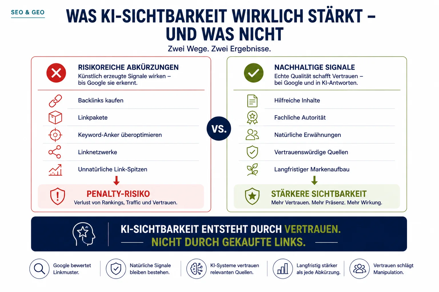 Was KI-Sichtbarkeit wirklich stärkt, und was nicht Infografik, die riskante SEO-Abkürzungen nachhaltigen Signalen für KI-Sichtbarkeit gegenüberstellt. Sie zeigt, dass gekaufte Backlinks ein Penalty-Risiko darstellen, während hilfreiche Inhalte und Vertrauen langfristig die Sichtbarkeit stärken.