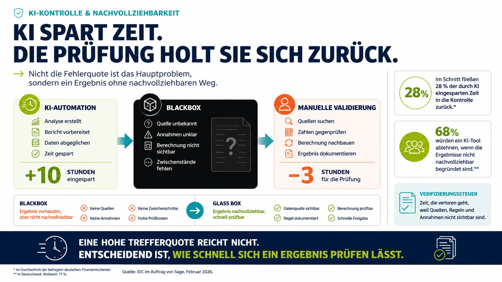 Infografik zur Verifizierungssteuer: KI spart Zeit, doch fehlende Quellen, Annahmen und Berechnungen führen zu hohem manuellem Prüfaufwand.
