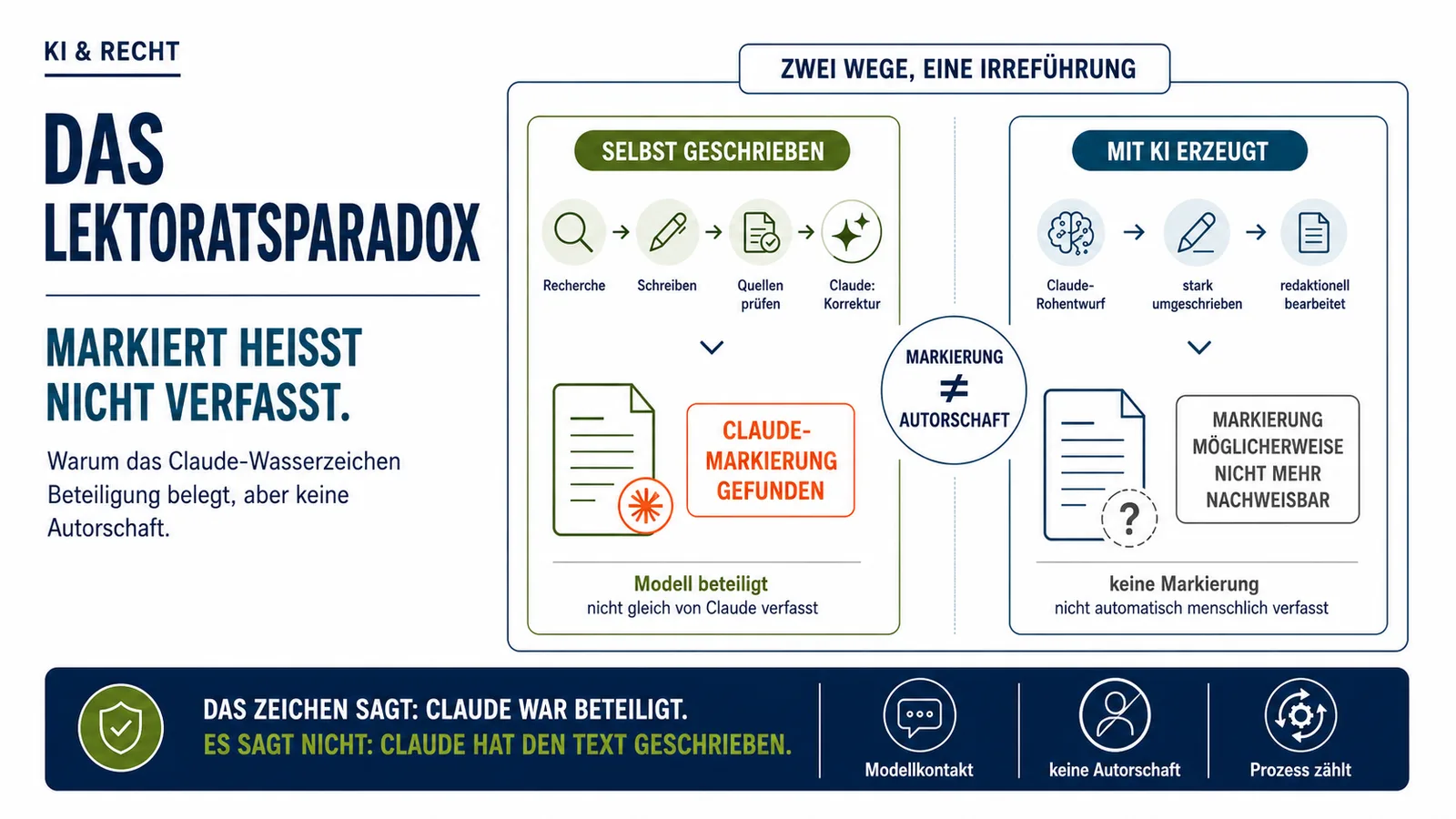 Infografik zum Lektoratsparadox: Ein selbst geschriebener und nur mit Claude korrigierter Text kann markiert werden, während bei einem KI-Rohentwurf nach starker Überarbeitung die Markierung möglicherweise nicht mehr nachweisbar ist.