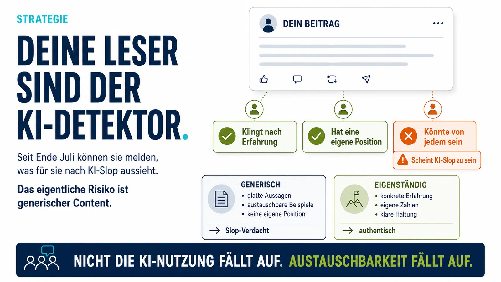 Infografik zum KI-Slop-Button auf LinkedIn: Leser bewerten Beiträge danach, ob sie nach Erfahrung, eigener Position oder austauschbarem KI-Content klingen.
