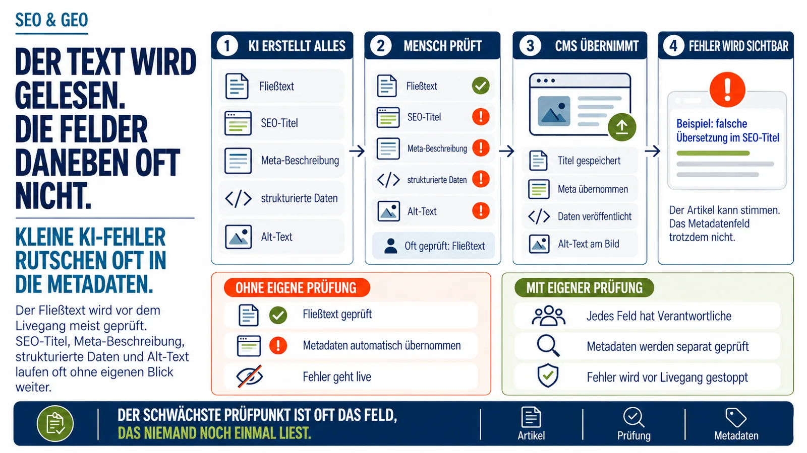 Infografik zu Googles Hinweisen für KI-Inhalte: Eine Content-Automation erstellt Fließtext, SEO-Titel, Meta-Beschreibung, strukturierte Daten und Alt-Text. Geprüft wird häufig nur der Fließtext, während Metadaten ungeprüft ins CMS gelangen und Fehler erst nach dem Livegang sichtbar werden.